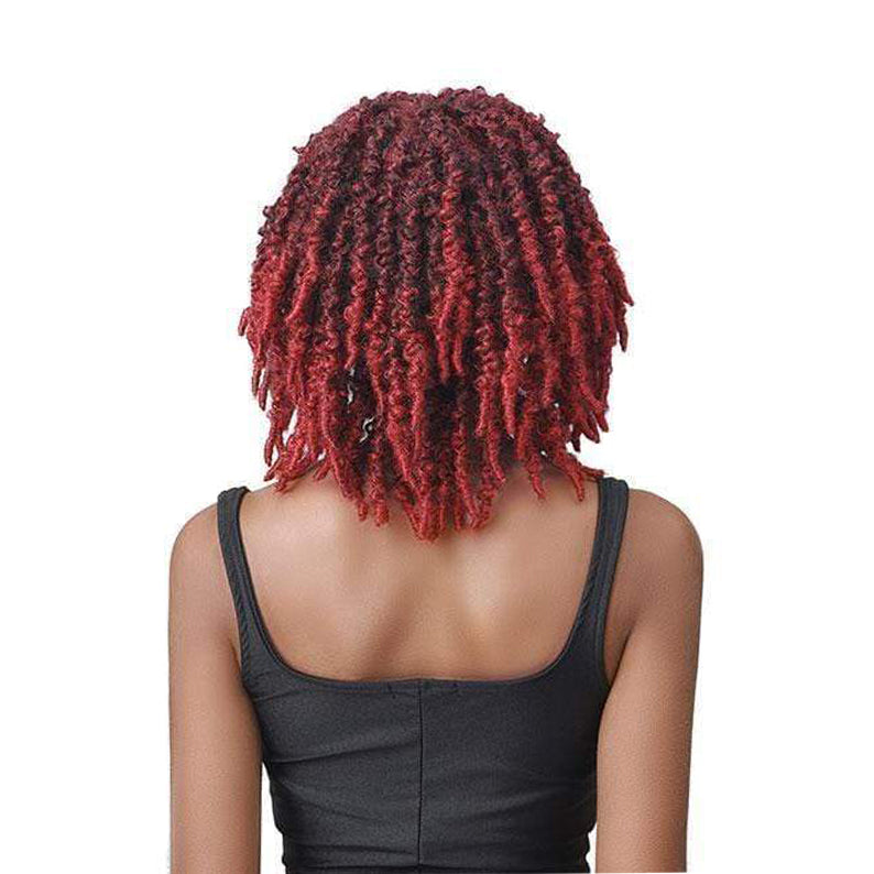 Back view of model wearing Bobbi Boss butterfly locs wig in burgundy with dark roots shoulder length