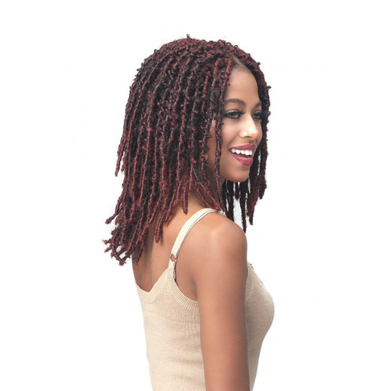 BOBBI BOSS butterfly locs wig shoulder length burgundy locs on smiling model wearing beige tank top
