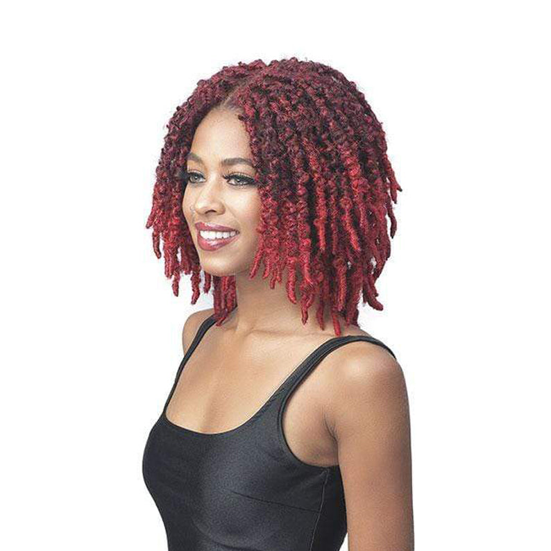 Bobbi Boss butterfly locs wig burgundy shoulder length textured locs on smiling model wearing black tank