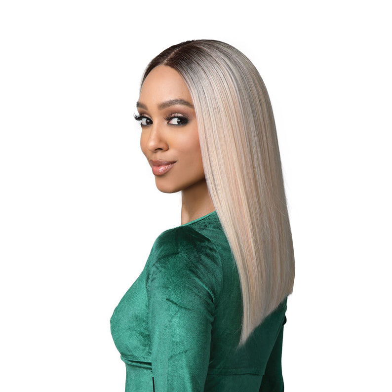 Model wearing Bobbi Boss HD frontal lace wig. Sleek long platinum blonde straight hair with dark roots and middle part