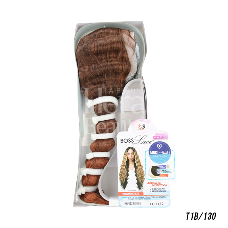 BOBBI BOSS Patrice lace front wig in wavy T1B 130 brown auburn synthetic hair packaged with styling guide