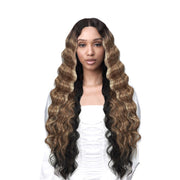 BOBBI BOSS Patrice lace front wig long wavy ombre black to honey blonde center part natural hairline