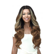 Bobbi Boss Brianne lace front wig. Long center part wavy lace front wig with dark roots and honey blonde highlights