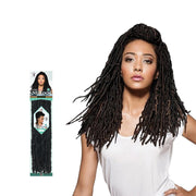 BOBBI BOSS Nu Locs 18 inch braid in black styled on a woman with a white sleeveless top