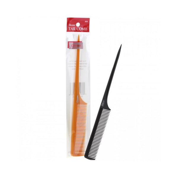 ANNIE bone color rat tail comb in packaging alongside a black rat tail comb for styling and sectioning hair