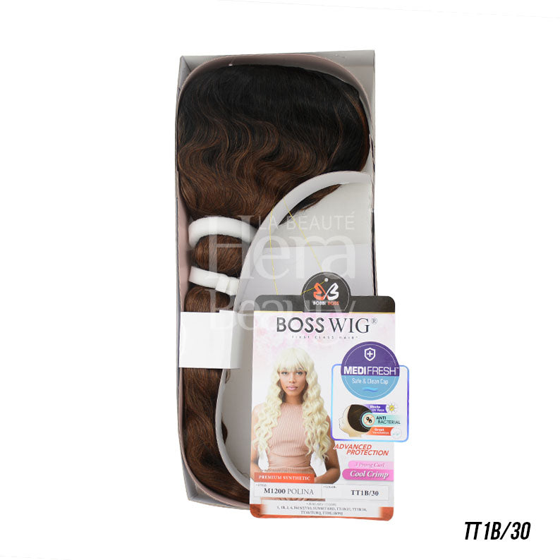 Bobbi Boss blonde synthetic long wig in TT1B 30 color with wavy texture in packaging