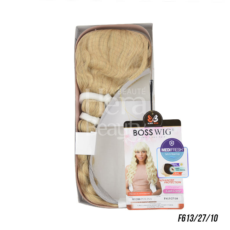 Bobbi Boss blonde synthetic long wig in packaging with wavy texture and cool gray color code