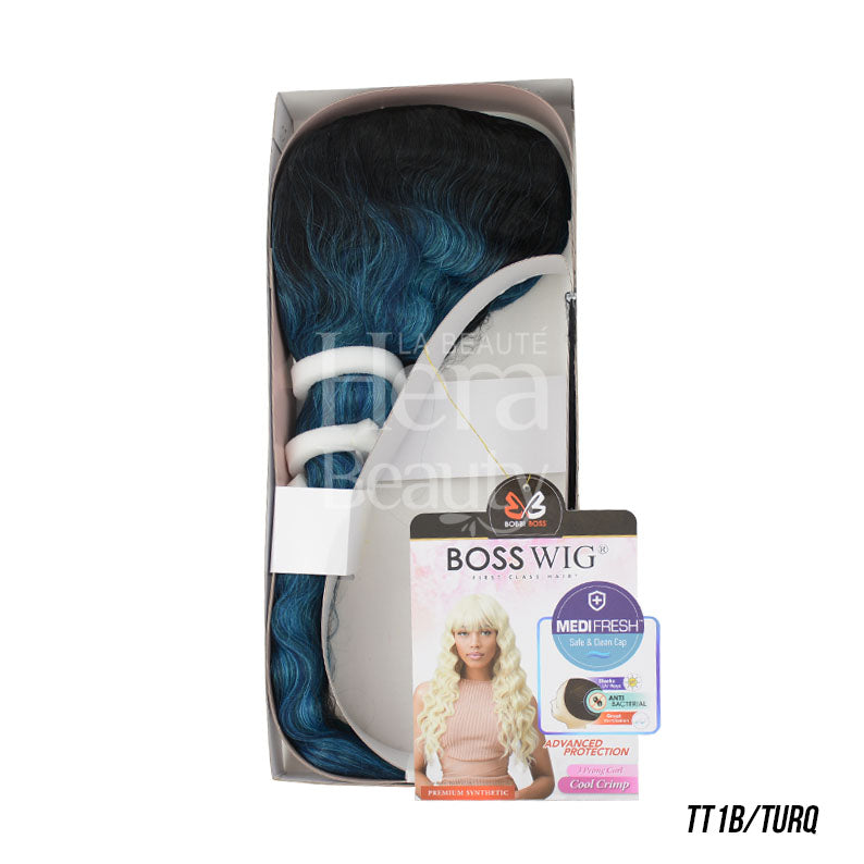 Bobbi Boss blonde synthetic long wig with cool crimp style in TT1B Turquoise color in packaging