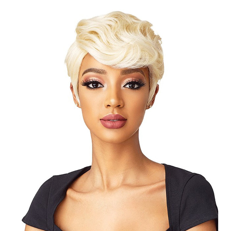 SENSATIONNEL synthetic blonde short wig pixie with sculpted waves and side swept bangs on model