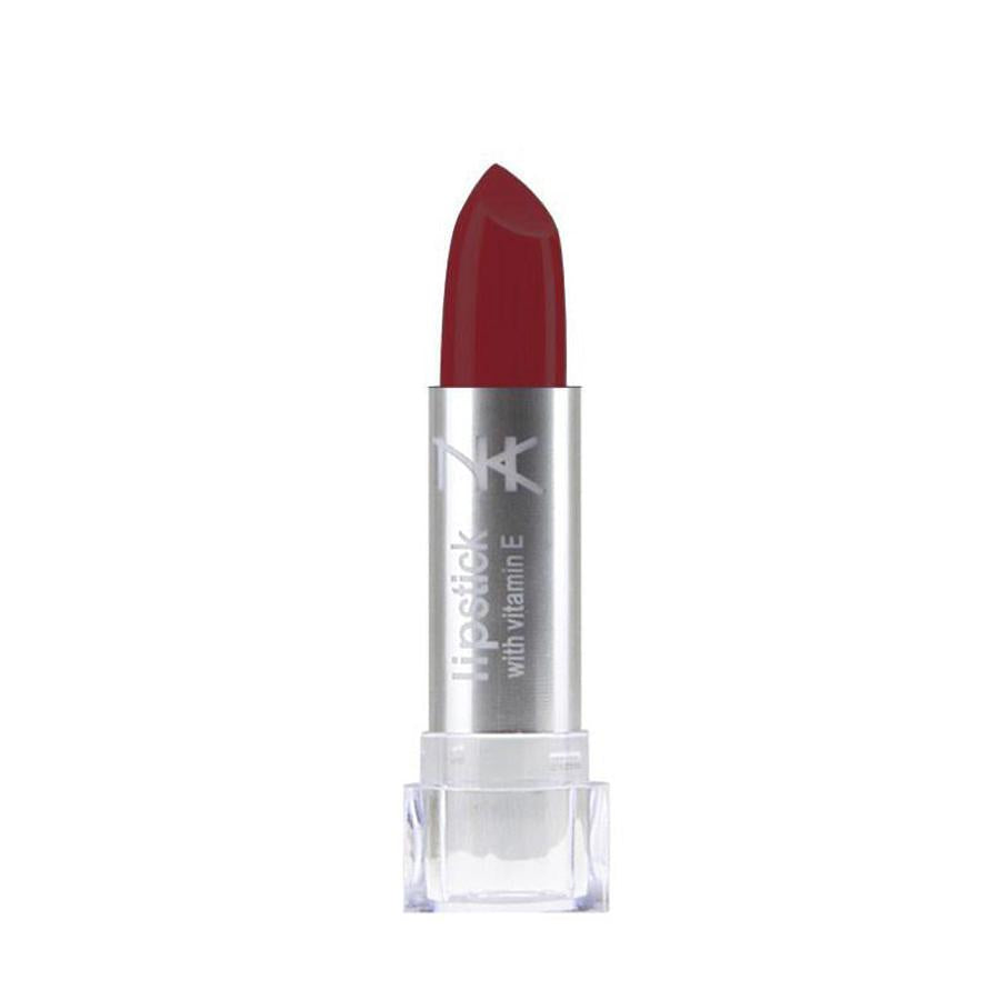 NICKA K vitamin E lipstick in deep red shade with silver tube and clear base makeup product