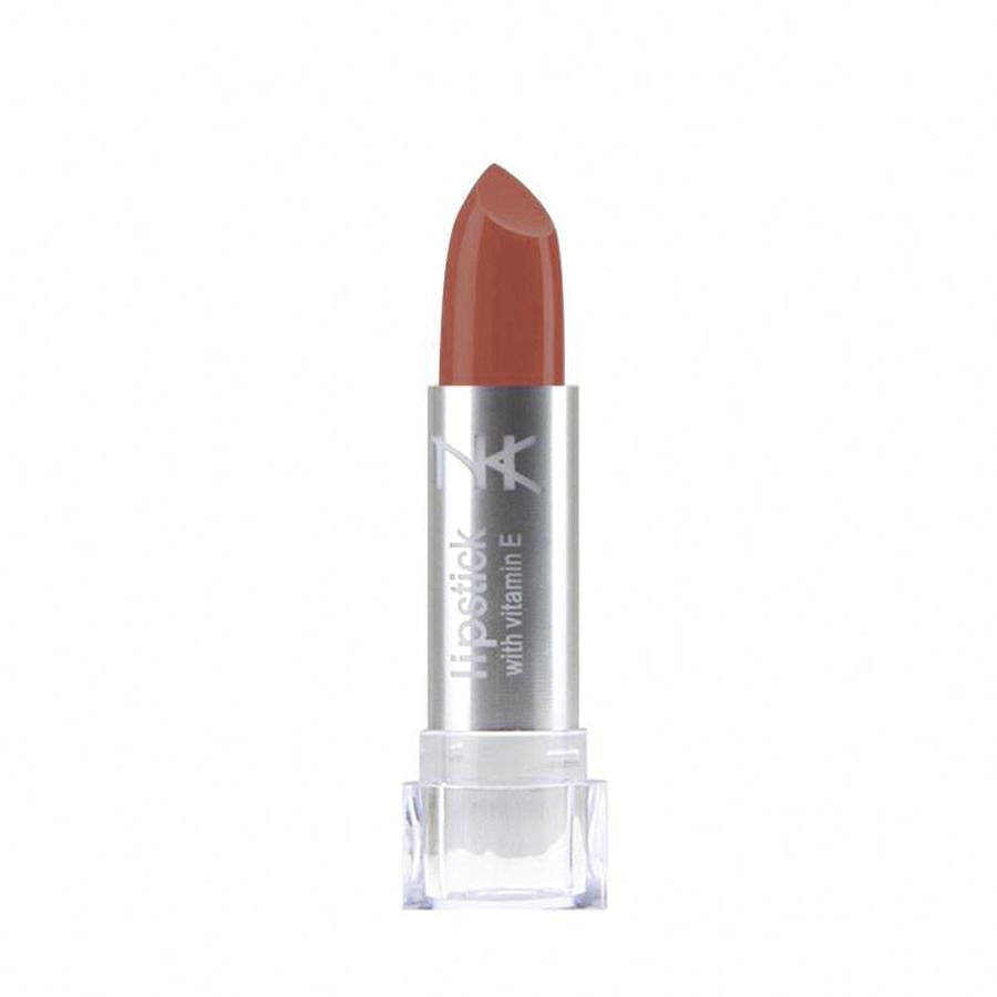 NICKA K vitamin E lipstick in a sleek silver tube with clear cap and warm nude shade