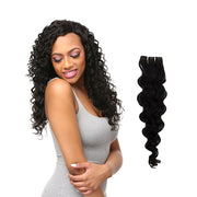 LAFLARE Brazilian virgin hair bundles shown as long curly black hair on model and separate bundle