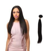 LAFLARE Brazilian virgin straight hair bundle shown on model with long sleek straight hair and a single hair bundle