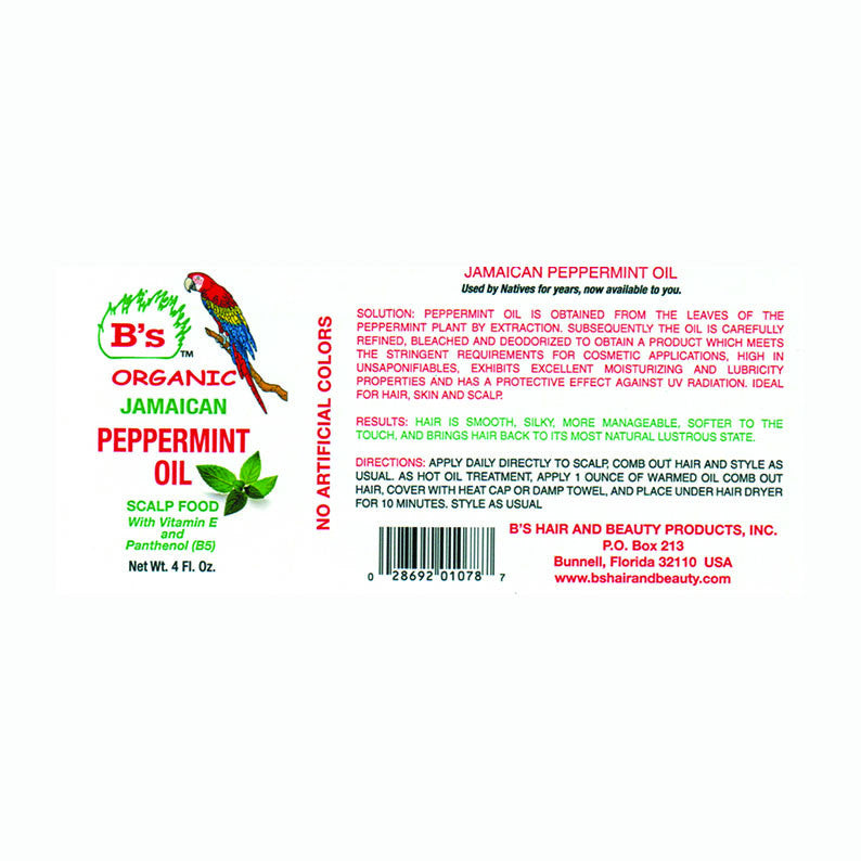 Bs Organic Jamaican Peppermint Oil label with parrot logo and directions ideal to use with Jamaican liquified coconut oil for hair