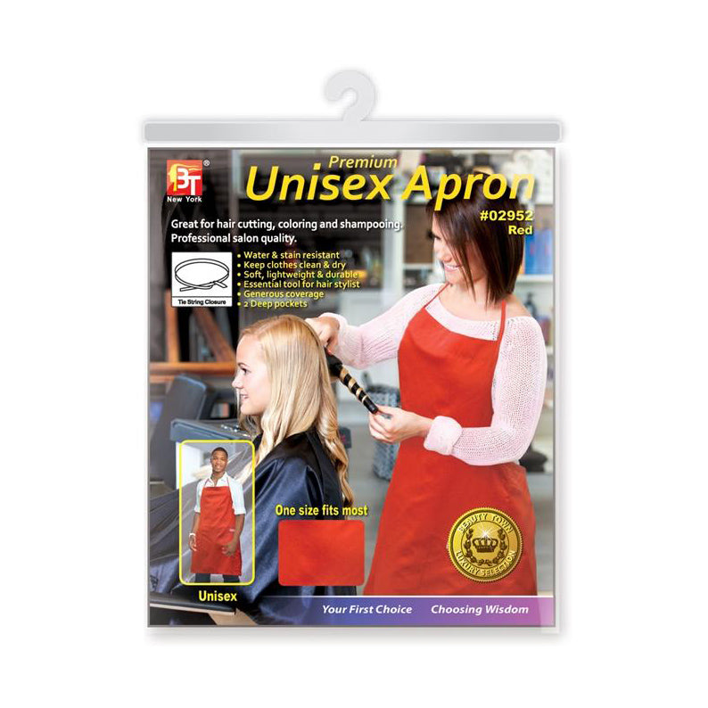 BEAUTY TOWN packaged unisex salon apron red displayed on a stylist wearing the red apron cutting hair