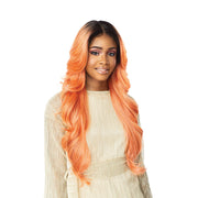 SENSATIONNEL Butta Lace Butta Unit 2 wig long wavy peach orange ombre with dark roots and center part on model