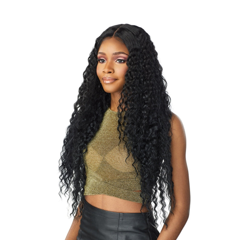 SENSATIONNEL Butta Lace Unit 3 wig long black deep wave hair center part natural hairline on model