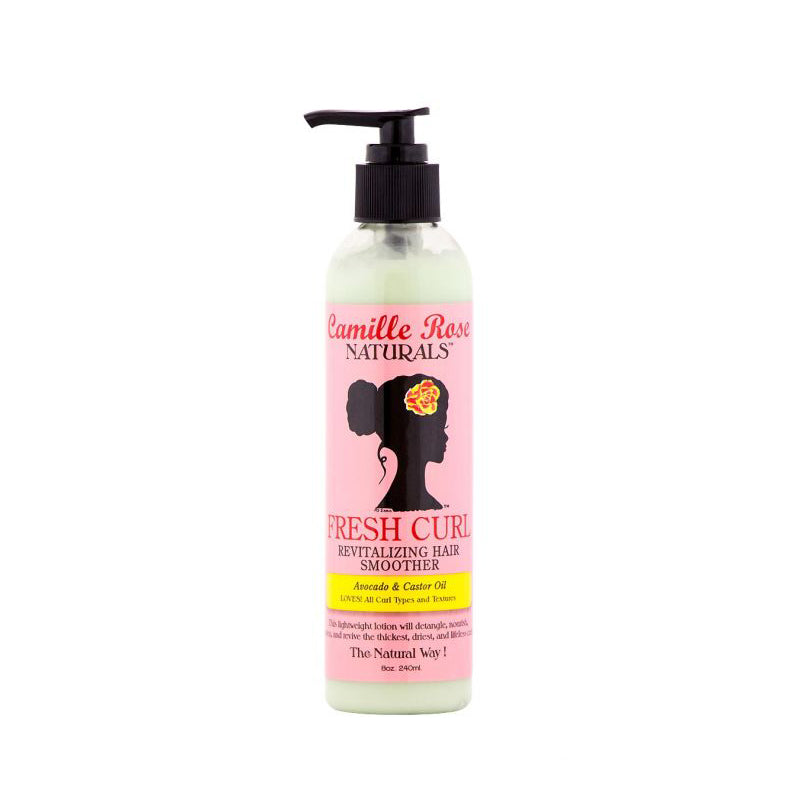 Camille Rose Fresh Curl hair smoother pump bottle with pink label and green lotion for revitalizing curls