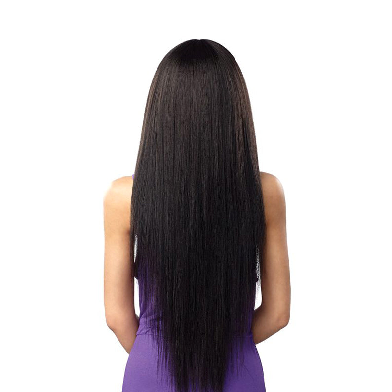 SENSATIONNEL long straight dark brown wig back view on model styled as synthetic full cap wig with bangs