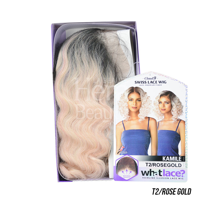 Cloud 9 What Lace KAMILE wig SENSATIONNEL rose gold ombre wavy Swiss lace in packaging with model image