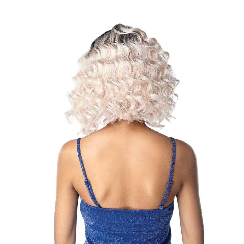 Back view of SENSATIONNEL Cloud 9 What Lace KAMILE wig short blonde wavy bob with dark roots