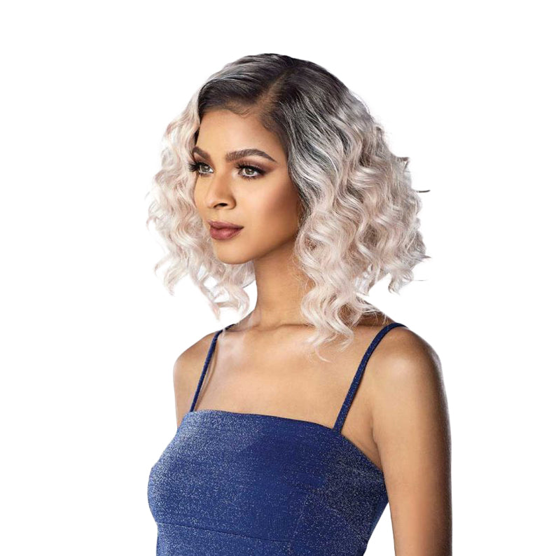 SENSATIONNEL Cloud 9 What Lace KAMILE wig short curly shoulder length bob with dark roots to platinum blonde ombre