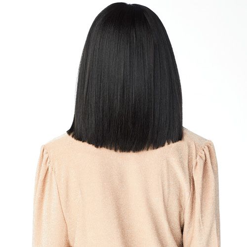 Cloud 9 Whatlace Tyrina wig by SENSATIONNEL straight black blunt bob back view on model wearing beige top