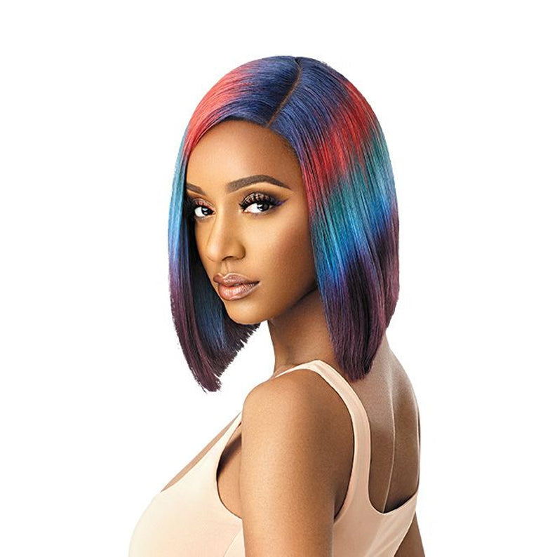 OUTRE COLORBOMB synthetic lace front wig multicolor shoulder length bob with center part on model