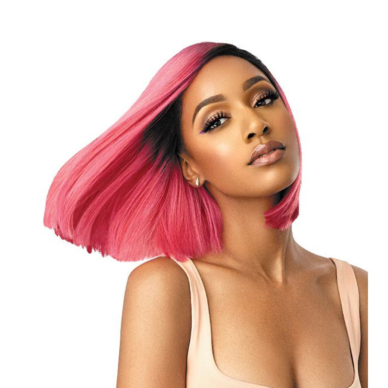 OUTRE COLORBOMB synthetic lace front wig in vibrant pink bob with dark roots and natural hairline