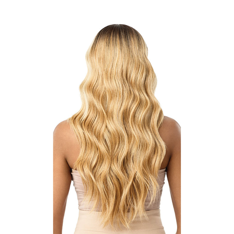 OUTRE synthetic lace front wig blonde long wavy waist length with dark root ombre natural shine back view