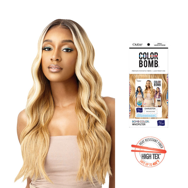 OUTRE synthetic lace front wig blonde long wavy center part on model with Color Bomb packaging and heat resistant badge
