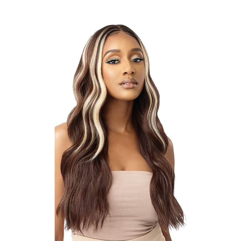 OUTRE synthetic lace front wig blonde long wavy brown hair with bold blonde face framing highlights