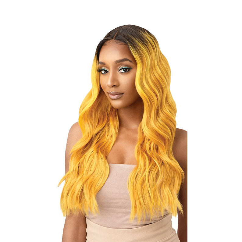 OUTRE synthetic lace front wig blonde long wavy ombre with dark roots, natural hairline for everyday styling