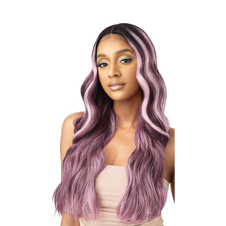 OUTRE synthetic lace front wig blonde long wavy pastel mauve with dark roots and center part for glam