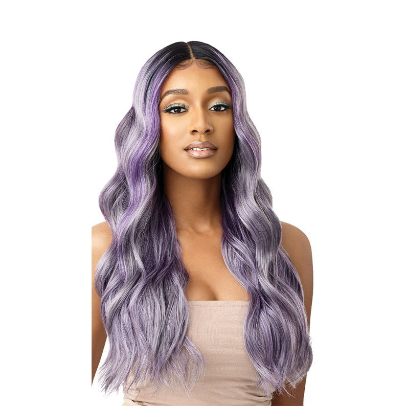 OUTRE synthetic lace front wig blonde style shown as long lavender wavy hair with center part on model