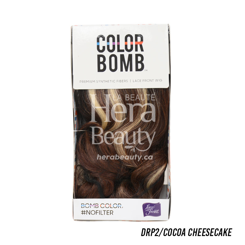 OUTRE Color Bomb synthetic lace front wig blonde in DRP2 Cocoa Cheesecake brown with blonde highlights packaging