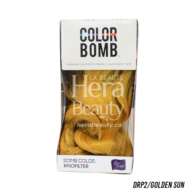 OUTRE Color Bomb DRP2 Golden Sun synthetic lace front wig blonde in box showing golden waves