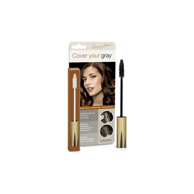 Cover Your Gray gray hair cover wand with mascara style applicator and packaging showing brunette model touch up results