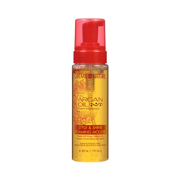 CREME OF NATURE argan oil foaming mousse Style and Shine in golden bottle with red pump cap 7 fl oz