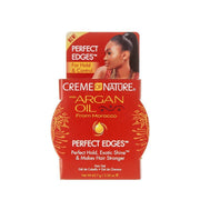 Creme of Nature Argan Oil Perfect Edges gel red retail box featuring product name, logo and model with sleek ponytail