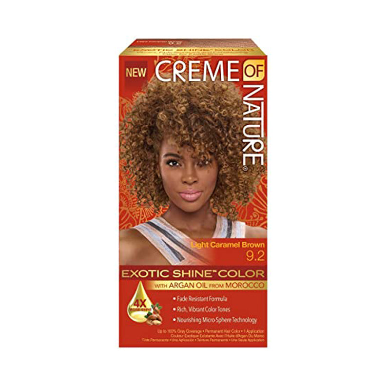 CREME OF NATURE exotic shine hair color kit in Light Caramel Brown 9.2 with argan oil for vibrant hair