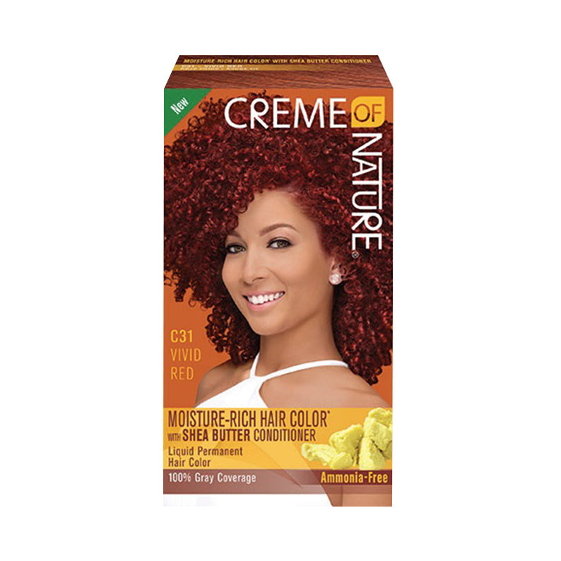 CREME OF NATURE moisture rich hair color kit C31 Vivid Red box showing model with curly red hair