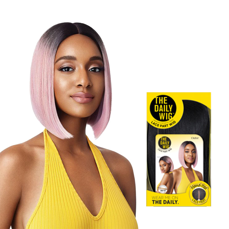 OUTRE synthetic lace part wig pink ombre bob with center part on model showcasing shoulder length sleek style