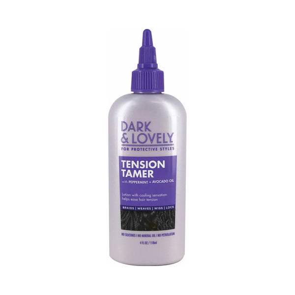 Dark and Lovely Tension Tamer hair care bottle with peppermint and avocado oil tension tamer for braids