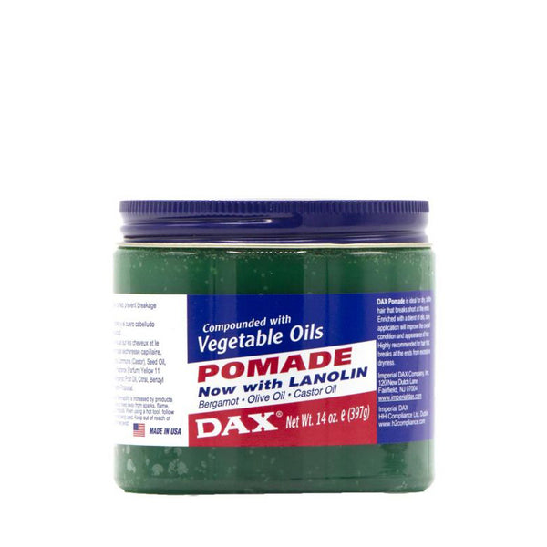 Dax pomade for hair growth in green jar with vegetable oils and lanolin for hair care