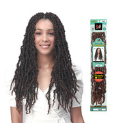 BOBBI BOSS distressed butterfly locs 18 inch braids on woman with long curly texture