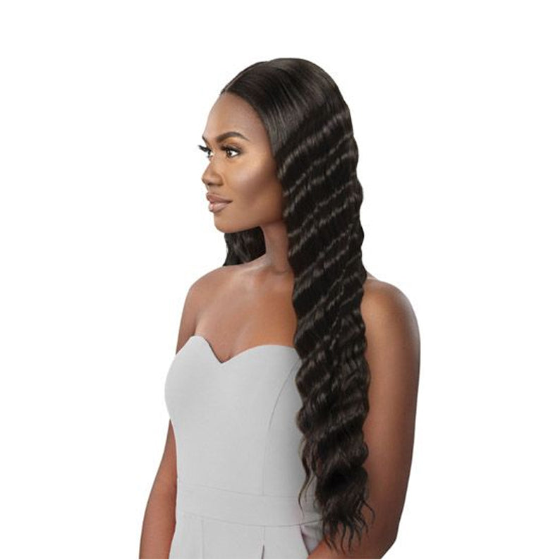 OUTRE 28 inch lace front wig long deep wave dark brown center part natural hairline on model
