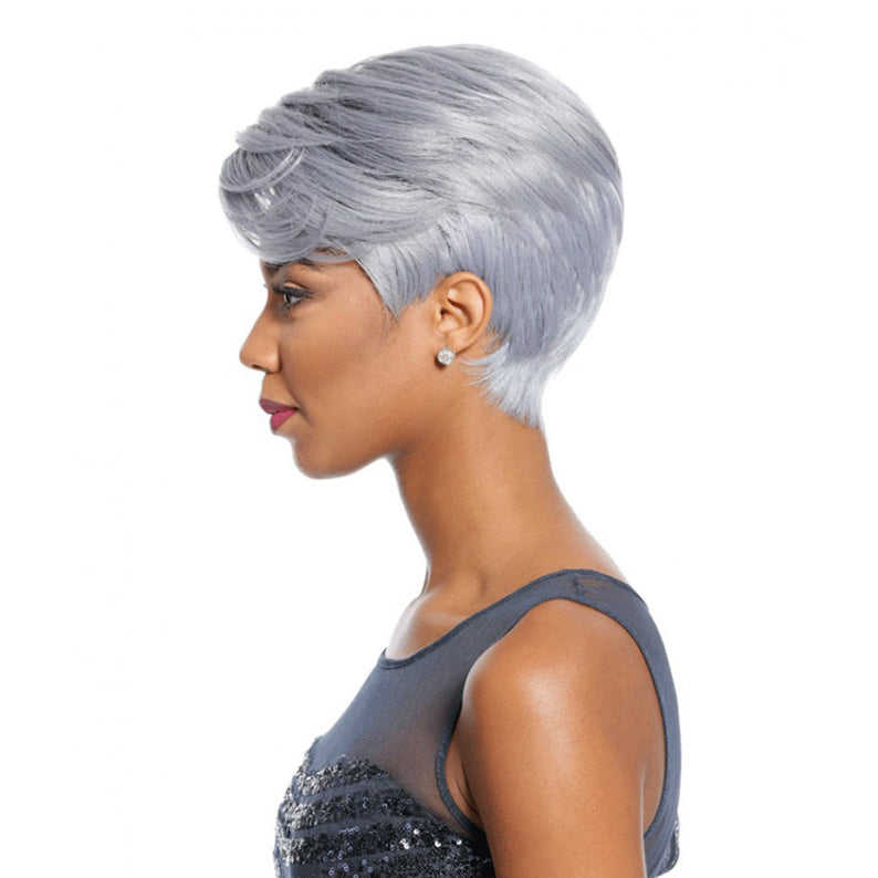 SENSATIONNEL silver gray pixie wig on model side profile with layered tapered cut synthetic short wig for women