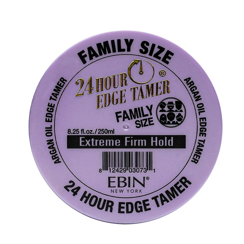 EBIN Family Size purple container lid for 24 hour edge tamer extreme firm hold hair care styling product