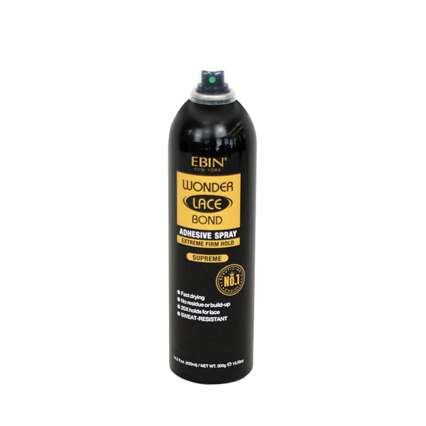 EBIN Wonder Lace Bond adhesive spray for extreme hold lace wig adhesive spray in black and yellow bottle